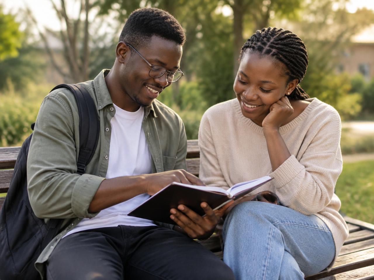 Two young adults reading a notebook together outdoors