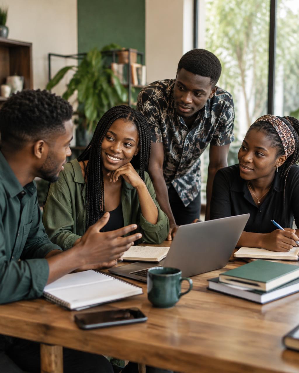 A group of young adults talking and working together around a table